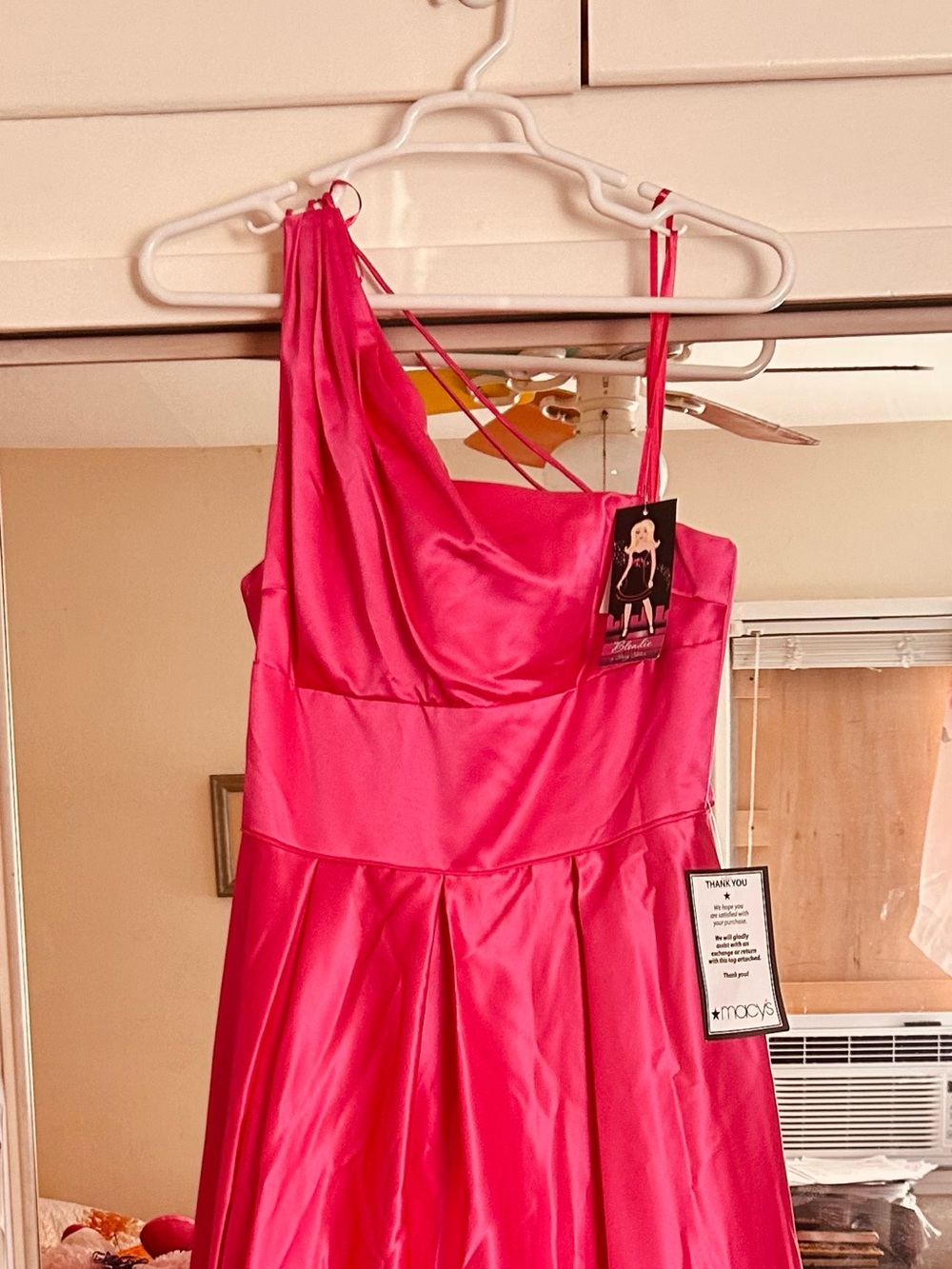 Blondie Nites Hot Pink One-Shoulder Satin Evening Dress